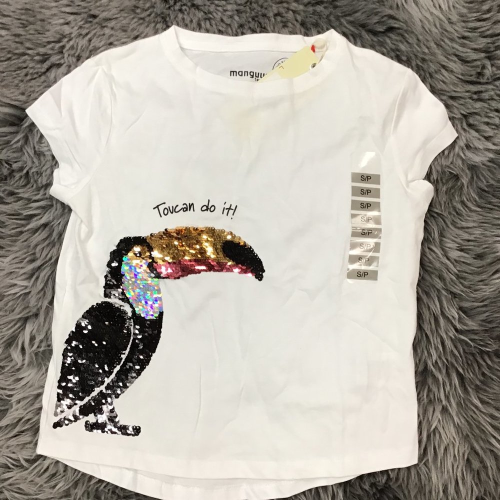 Manguun | Girl's T-shirt | White | Toucan | Sequin | Various Sizes